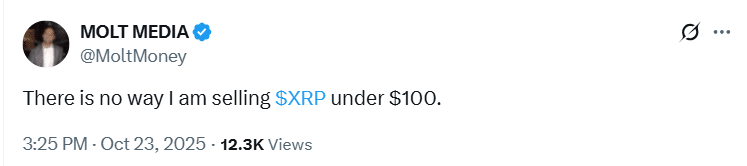 Molt Media创始人誓言绝不低于100美元出售XRP